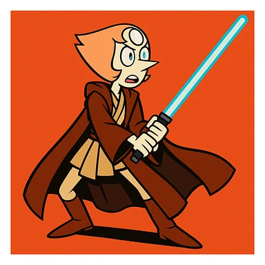Pearl from Steven Universe in Jedi robes, holding a blue lightsaber, dramatic pose, cartoon style sticker