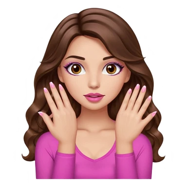 girl with long wavy brown hair, brown eyes, light to medium complexion, in a pink sexy top, pink lips, long lashes, puckered lips, showing my manicure one hand 5 fingers sticker