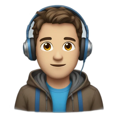 male, brown hair, brown eyes, headphones, blue hoodie, not smiling sticker