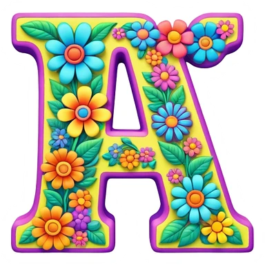 3D style, psychedelic colored Letter A with hippie style flower border sticker