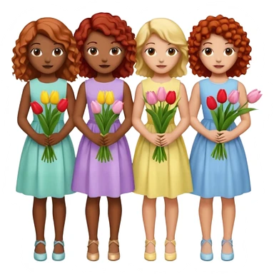 5 girls at a garden party wearing pastel dresses and holding tulips, one is black, one is blond, one has brown hair, one has red hair, one is mixed with curly hair sticker