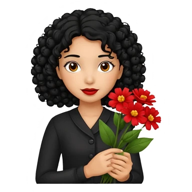 A girl with curly  black  hair and res flowers in her hands sticker