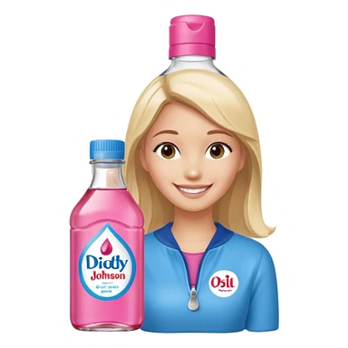 bottle of oil blue top pink outside with logo that says Diddy Party oil Johnson and Johnson  brand with a smiling girl berry on top sticker