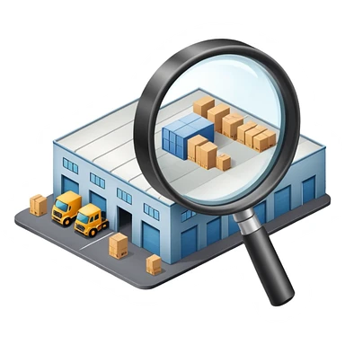 A warehouse under a magnifying glass sticker