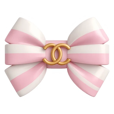 Change the bow to pink and white, keep the gold Chanel logo, glossy, elegant, 3D emoji style. Remove the background. sticker