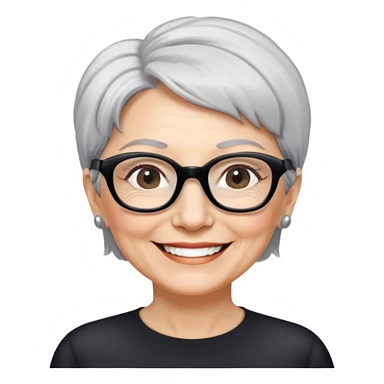 bà lão 60 tuổi, da trắng, tóc ngắn màu bạc, đeo kính màu đen, mặt cười tươi, hơi có nếp nhăn nhẹ, nửa thân trên sticker