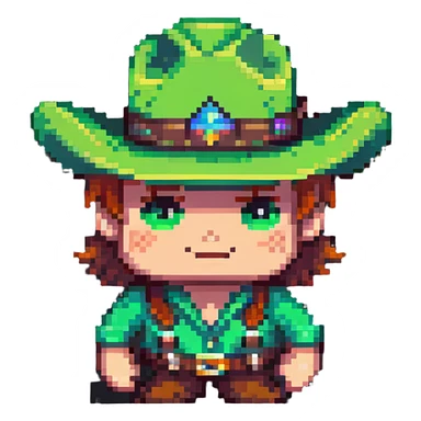 Cowboy character with a bright green hat sticker