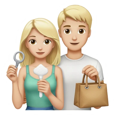 Blonde guy holding a bag of white powder and blonde girl holding a key sticker