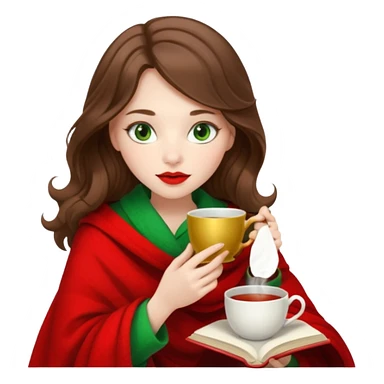 Long wavy brown haired, white skinned, green eyed girl with red lipstick wrapped in a blanket, sipping tea and reading a book sticker