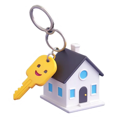 white key with a white house-shaped keychain on a chain, 3D Emoji style, angled view, soft shadows and highlights, transparent background, no decoration sticker