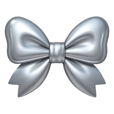 A cute bow emoji made of polished silver chrome, smooth rounded loops, glossy metallic surface, soft mirror reflections, subtle highlights, minimal and adorable proportions, iOS emoji style, centered composition, clean white background, soft studio lighting, no text, no outline, ultra high quality sticker
