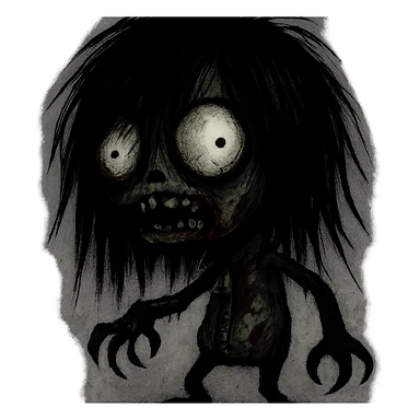 GIR as a zombie with long black shaggy emo hair, dark and spooky, creepy expression sticker