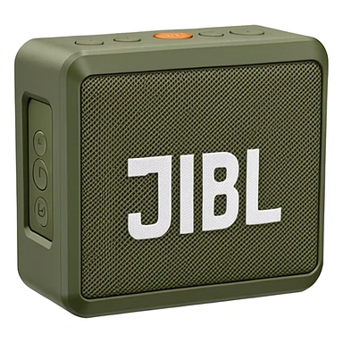 Military green JBL Go 4 portable speaker, compact size, with visible buttons and fabric speaker mesh, khaki colored electronic device sticker