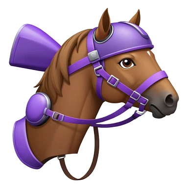 A horse with a purple driver helmet sticker