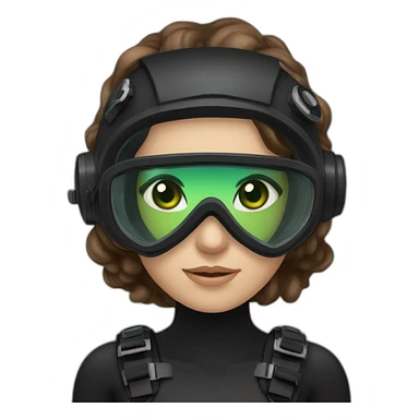 woman large brown hair, black diving mask with a single crystal, green eyes, scubadiving gear sticker