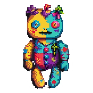 A colorful pixelated voodoo doll with bright fabric patches in different colors, button eyes, and colorful pins sticker