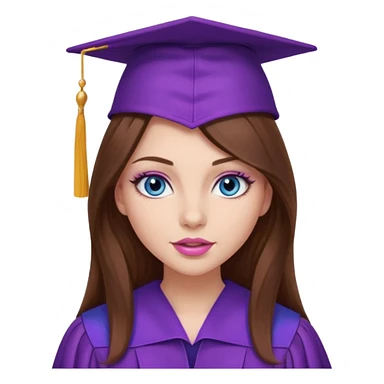 girl with gorgeous long brown hair, blue eyes, long lashes makeup, sexy pink lips, wearing a purple graduation cap and gown sticker