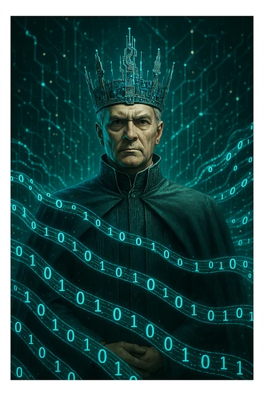 a data Governor, with a crown made of circuit boards and binary code, commanding presence sticker