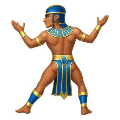 Remove the horns from the Egyptian human bull leaper in the back view 'are you entertained' pose. Add blue and gold accents. Preserve all other details. The style is emoji style. Remove the background. sticker
