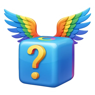 Blue cube with blue wings and has a rainbow question mark sticker
