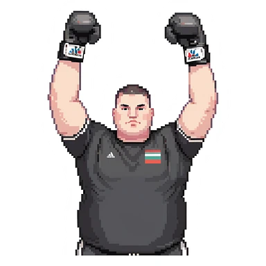 white man with dark hair, dark eyes, buzzcut faded haircut, overweight 100kg boxer, chubby face, stocky build, wearing full black clothes, black adidas boxing gloves, victory pose with arms raised, upper body only no legs visible, highly pixelated sticker