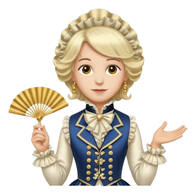 An emoji portrait of a French aristocrat. He wears a powdered wig and a silk waistcoat with a ruffled jabot. His expression is poised and refined, and he holds a fan. sticker