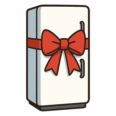 flat toon style fridge with a big red bow sticker
