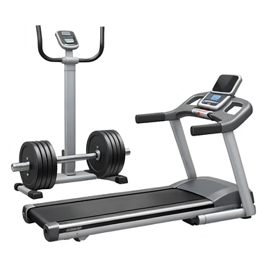 A treadmill set behind Two heavy dumbbells side by side on the floor  sticker