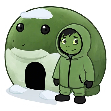 White guy with black hair in Eskimo suit next to igloo sticker