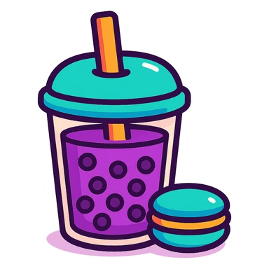 a cup of purple boba tea with a macaron on the side, vibrant and cute, clear details sticker