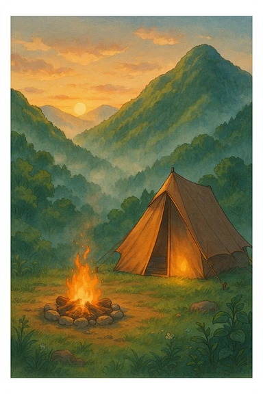 a mountain campsite at sunrise sticker
