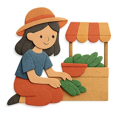 girl sitting on the marketplace, paper craft style sticker