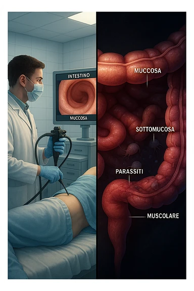 A split-screen medical illustration in cinematic style: on the left side, a doctor performing a colonoscopy on a patient in a sterile clinic, with the endoscopic camera displaying clean, healthy mucosal surfaces on a screen. On the right side, a symbolic cross-section of the same intestine — but shown in deeper layers beneath the surface, where parasitic organisms (small, translucent or shadowy figures) hide between folds and tissues not visible via standard scope. The contrast is clear: what is seen vs. what remains hidden. Lighting on the left is bright, sterile, clinical; lighting on the right is darker, with red and blue tones to suggest inflammation and invasion. Shot in hyper-realistic 3D medical style, educational but emotionally charged IN ITALIANO sticker