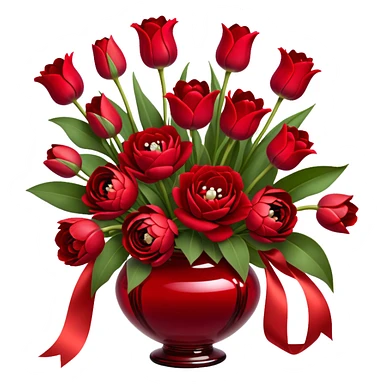 "A luxurious bouquet featuring deep red roses, vibrant red tulips, lush red peonies, and delicate red pansies, all tied together with elegant pearl-colored silk ribbons, arranged in a stunning crimson glass vase, set against a softly lit background."
 sticker