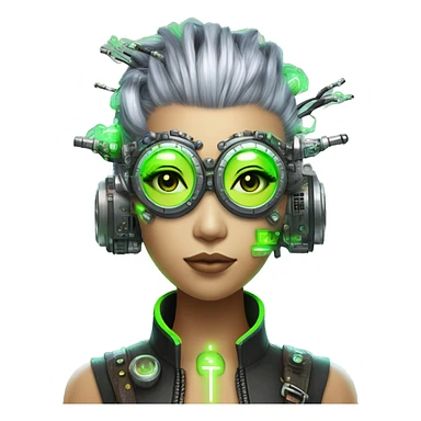 Neon green Mohawk hair Asian female cyborg head with silver steampunk goggles and circuits sticker