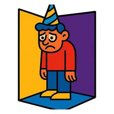 a sad partygoer wearing a party hat, standing alone in a corner, feeling forsaken, vibrant toon style sticker