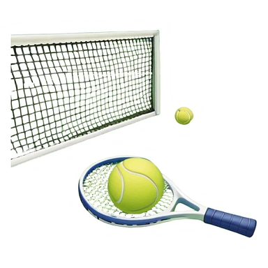 A tennis racket and a ball placed on the ground, with a tennis court in the background. The court lines and net are visible, emphasizing the structure and focus of the sport, creating a dynamic and energetic vibe. sticker
