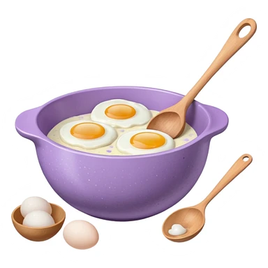 a lilac ceramic mixing bowl with a wooden spoon stirring and sitting next to it is a few eggs sticker