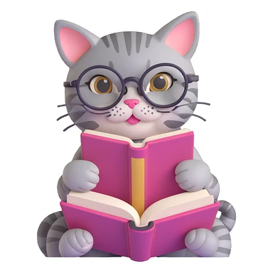 cute gray tabby cat with big round glasses, pink cheeks, holding an open book, reading, soft friendly 3D emoji style sticker