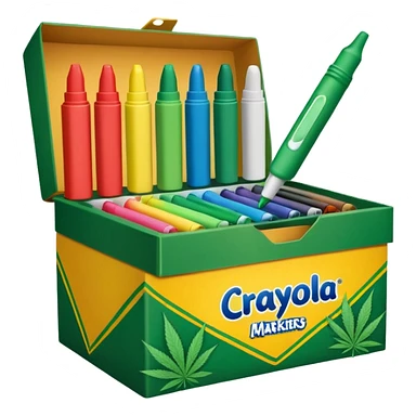 a box of crayola permanent markers with cannabis leaf sticker
