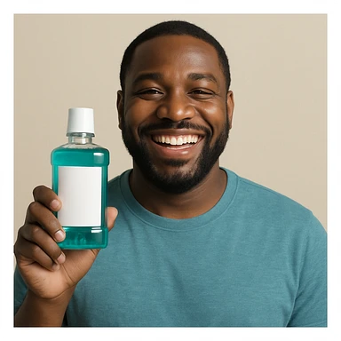 A happy Black man showing mouthwash, big smile, straightforward composition, plain background. sticker