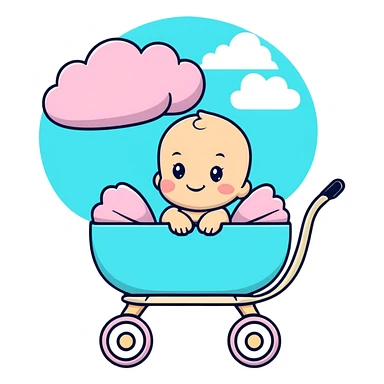 happy baby sitting in pink and beige stroller with pastel blue clouds decoration sticker