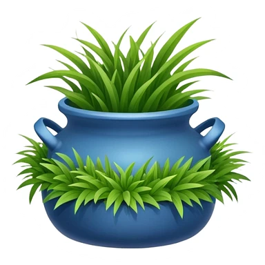 a small blue pot with grass leaves gathered in a pile of sticker