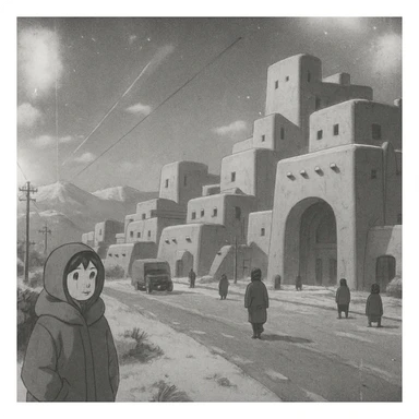 8mm film black and white, no color, light leaks. the image shows post-war reconstruction-era life in the z'rian commonwealth capital region, santa-fe neo-adobe futuristic architechture. arctic temperate region sticker
