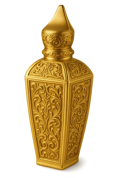 Refine this perfume bottle to closely resemble the shape and ornate details of Xerjoff's 'La Capitale' fragrance bottle, keeping the style decorative and gold-accented, with no characters or text, and a transparent background. sticker