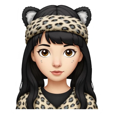 woman, black shoulder length hair, bangs, snow leopard fur headband sticker