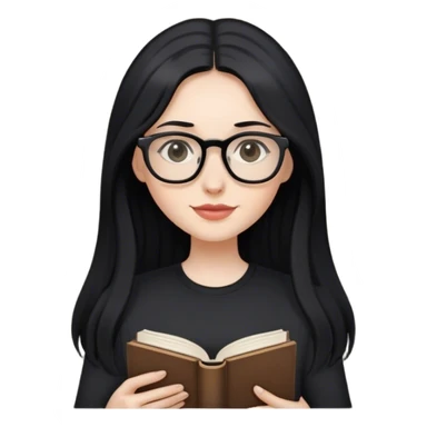 pale woman with long black hair, wearing glasses and black shirt holding a book sticker