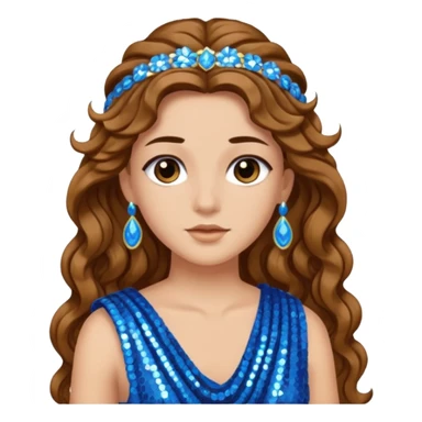 Hera from Greek Gods with long brown wavy hair, blue sequin toga sticker