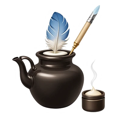 vintage ink pot with a soft white feather quill dipped inside, small, elegant, glossy, white or cream ink pot, black background, minimalistic, polished, emoji style sticker