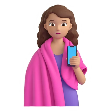 white girl with wavy hair holding her phone and a pink beach towel sticker